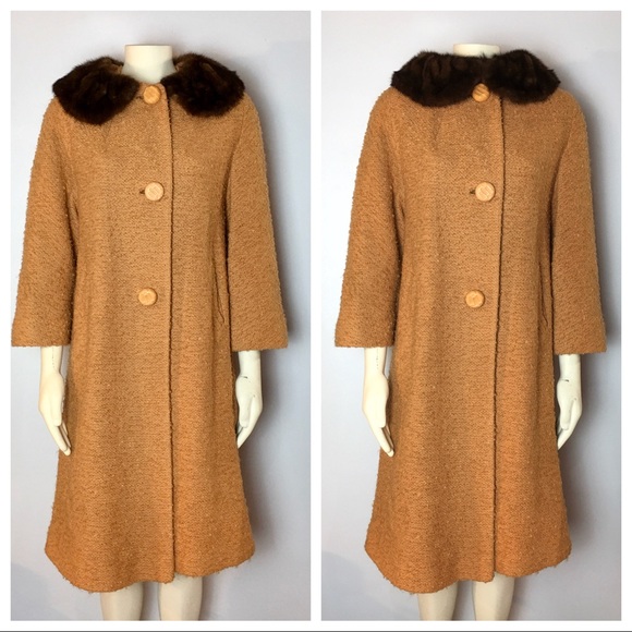 Vintage Jackets & Blazers - Vintage Fur Collar Wool Tweed Pea Trench Coat